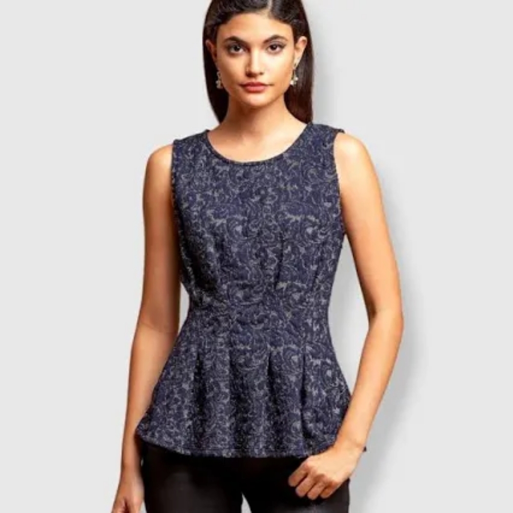 🆕 Eva Franco by Anthropologie Navy Blue Sleeveless peplum Floral embroidered_XS